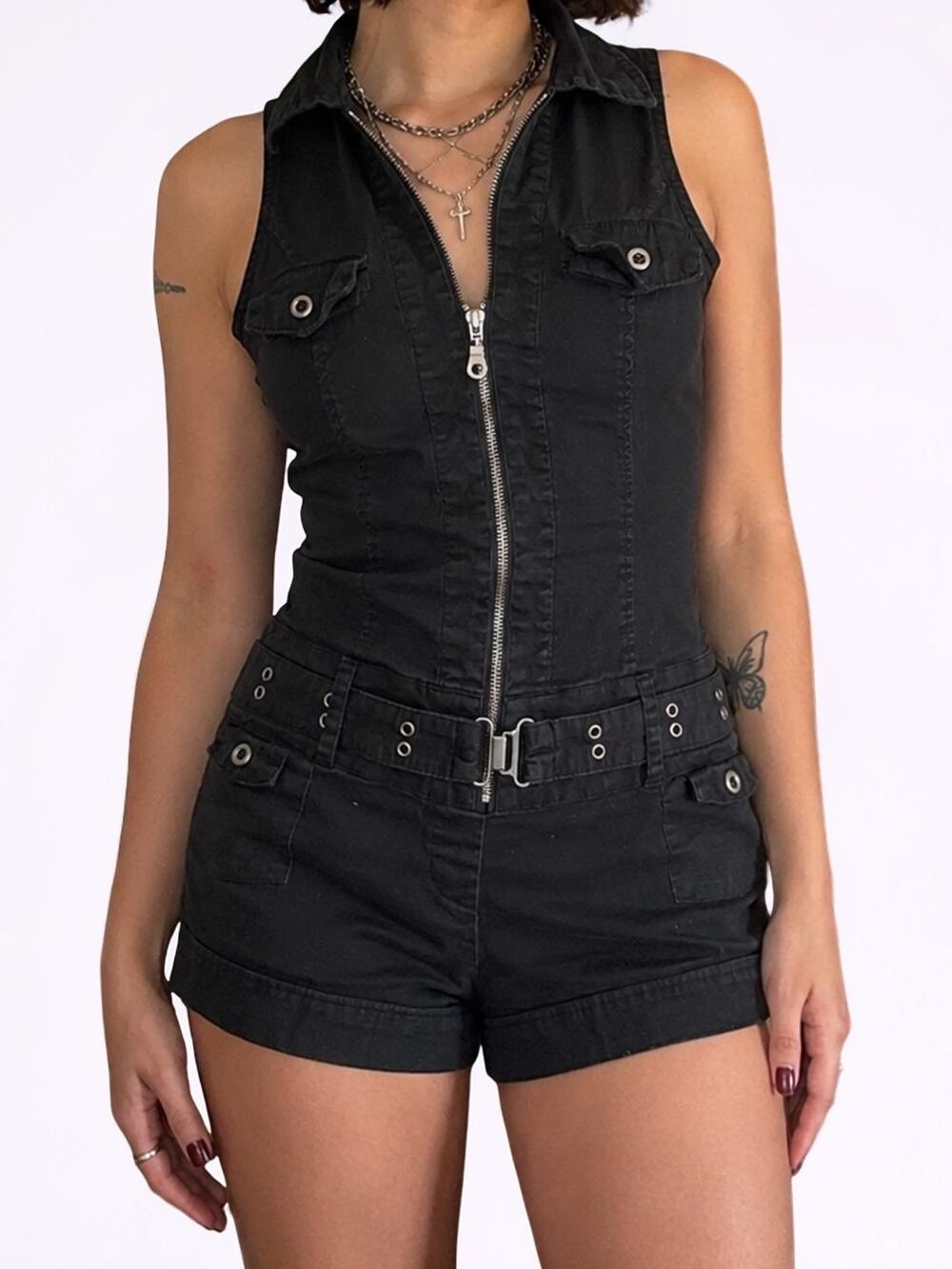 Paper Tee Black Zip Front Belted Utility Romper Medium